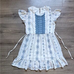 Beautees Size 12 White and Blue Ruffled Tie Front Lined Sundress Embroided